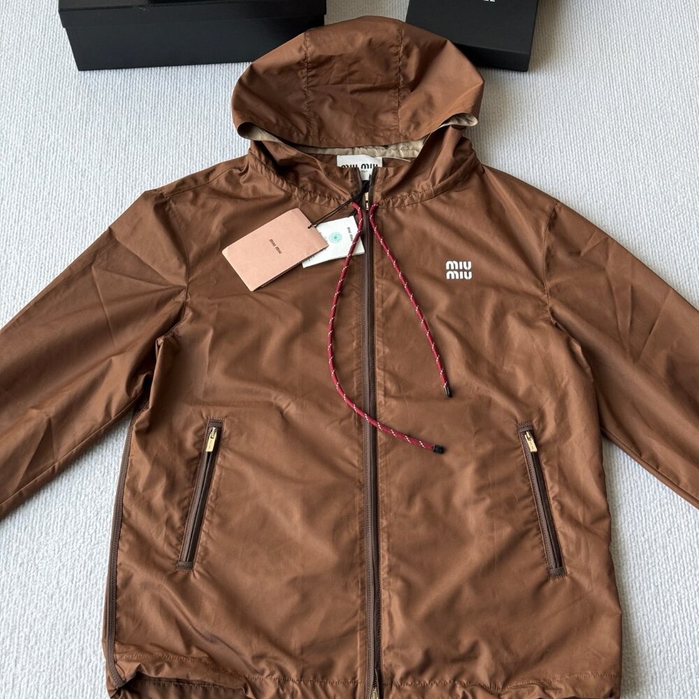 MIUMIU Women's Elastic Cuff Hooded Jacket, Brown